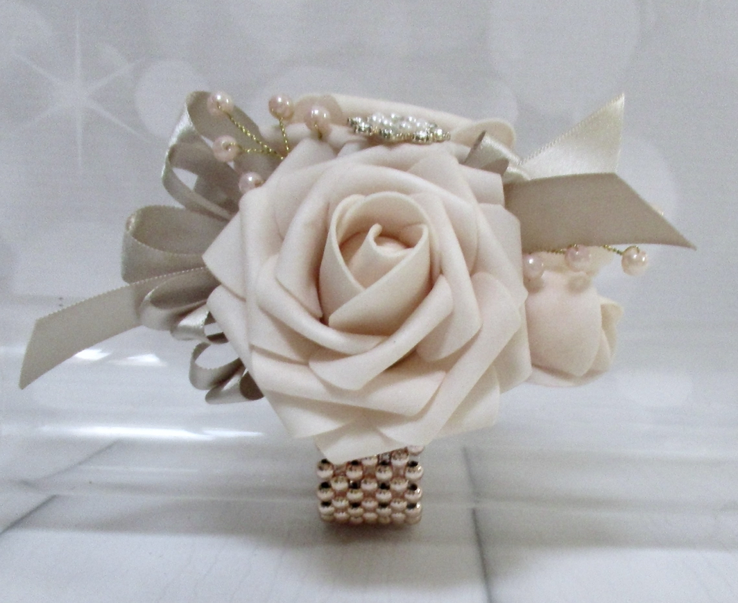 Nude and rose gold wrist corsage, nude prom corsage